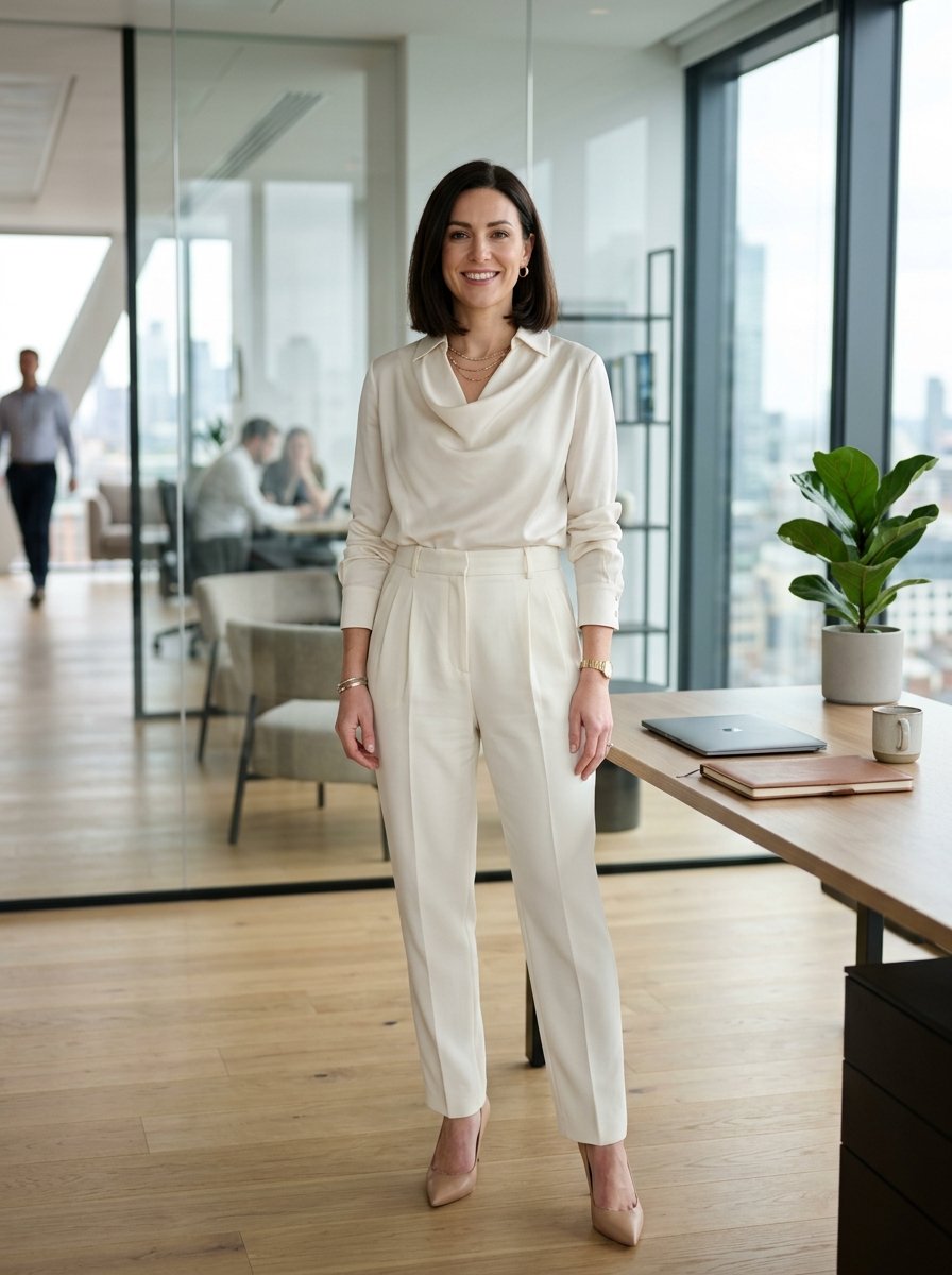 A smiling woman with bobbed hair wears a silk blouse and trousers standing in a high-rise corporate office.