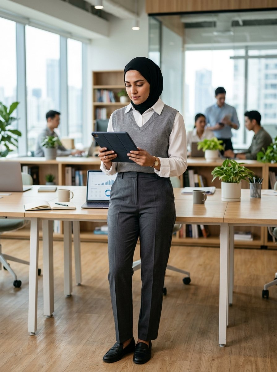 A woman wearing a black hijab and grey sweater vest stands in a bright office while reading from a black tablet.