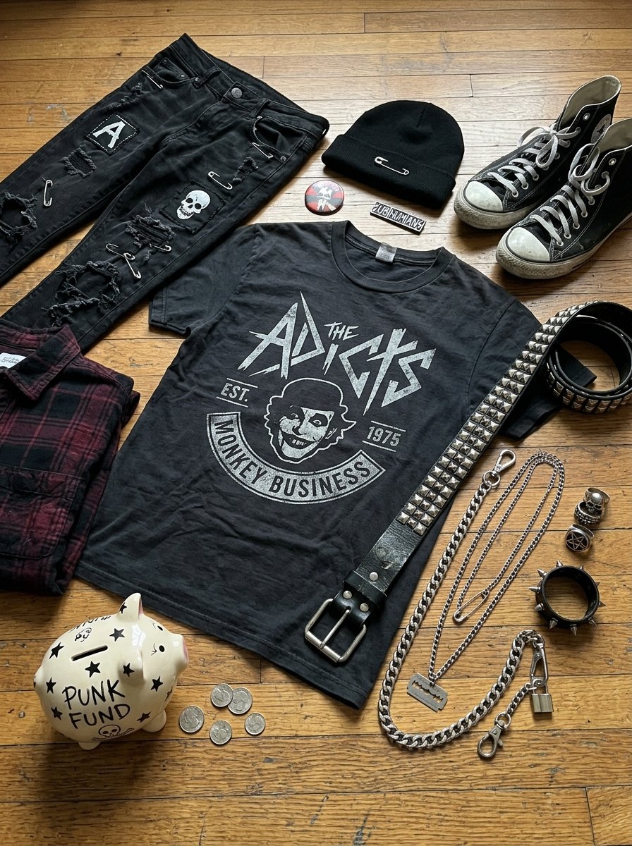 A flatlay of black punk clothing, a band shirt, studded belt, chain necklace, and a piggy bank on a wooden floor.
