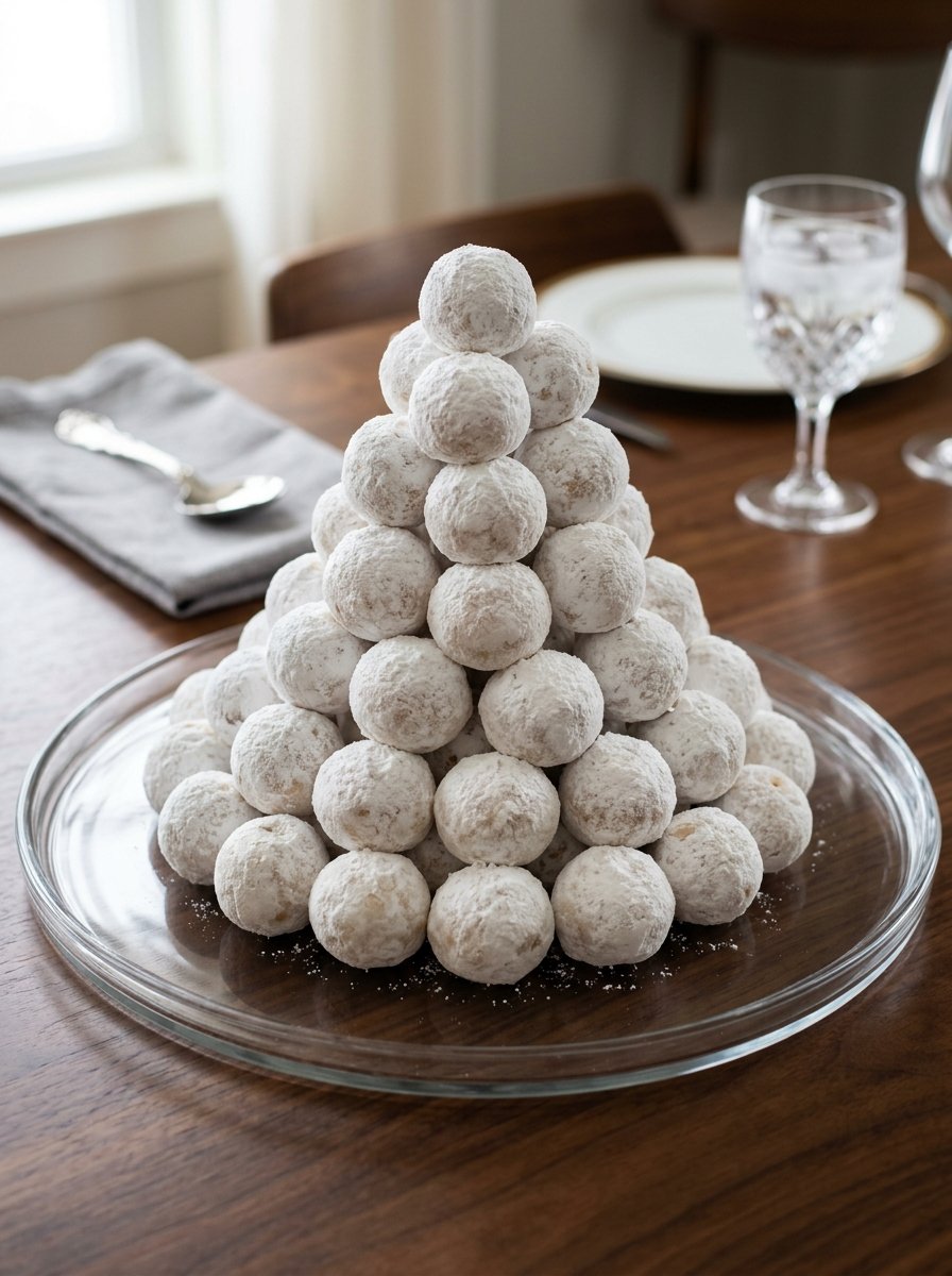 Close up of a conical display of round cookies coated in white confectioners sugar on a glass platter.