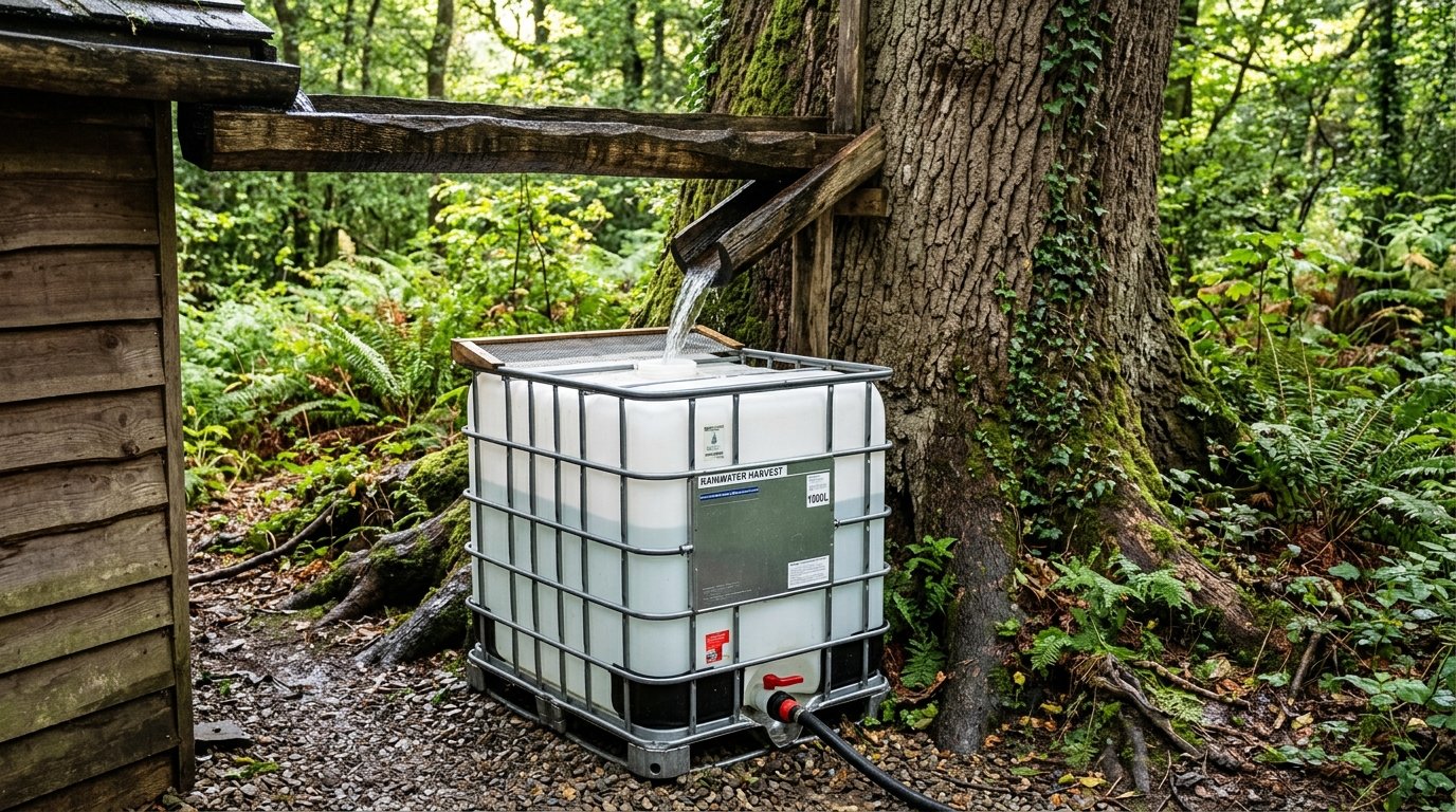 Water pouring from a wooden spout into a large caged water storage tank in a lush forest setting.