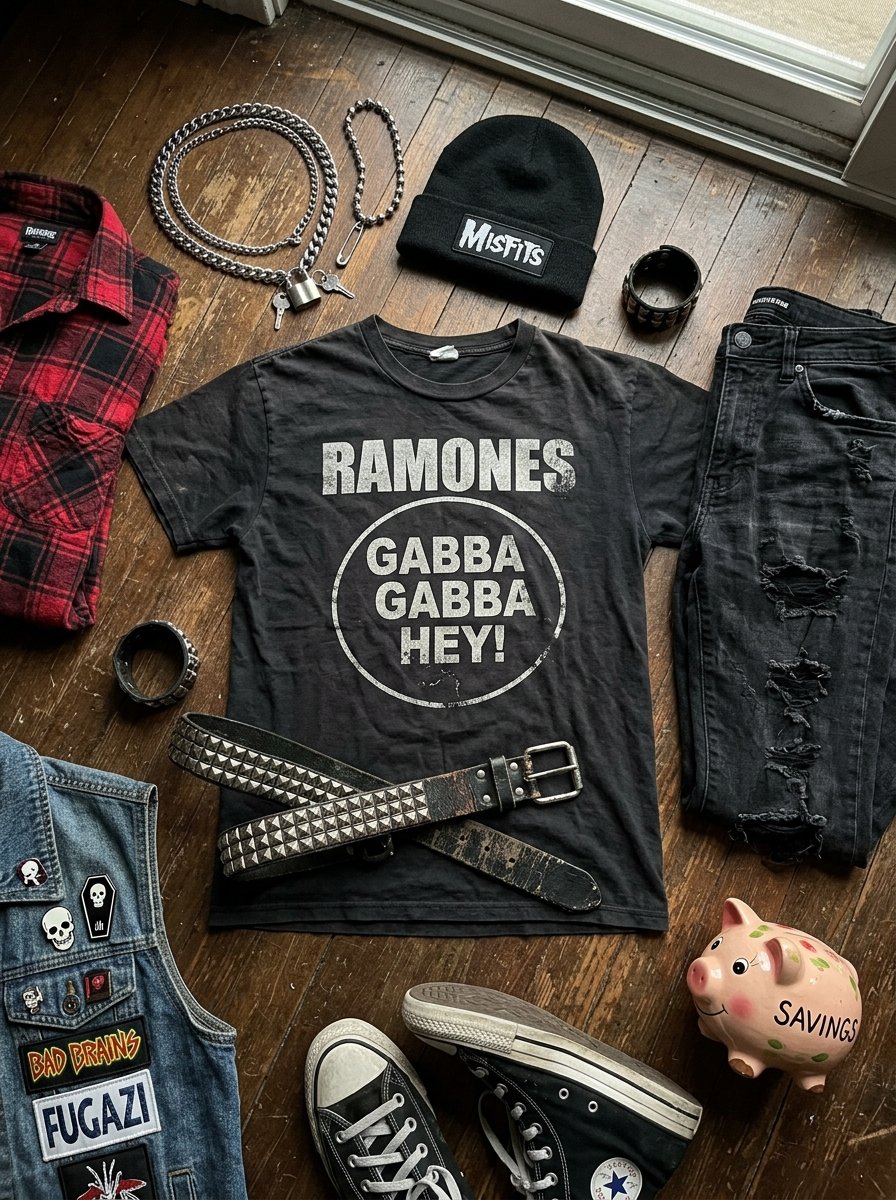 Punk rock ensemble with a Ramones shirt, denim vest, ripped jeans, sneakers, studded belt, and Misfits beanie.