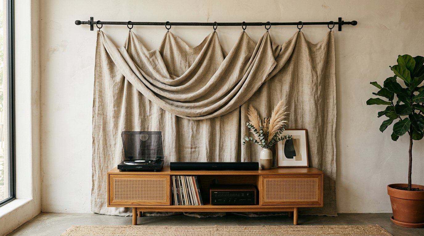 Wooden TV stand with cane doors holding a record player and speakers in front of flowing beige fabric curtains.