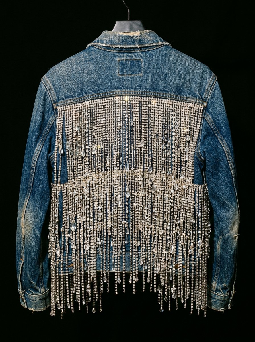 Back view of a distressed denim jacket covered in long dangling crystal strands and teardrop gems.