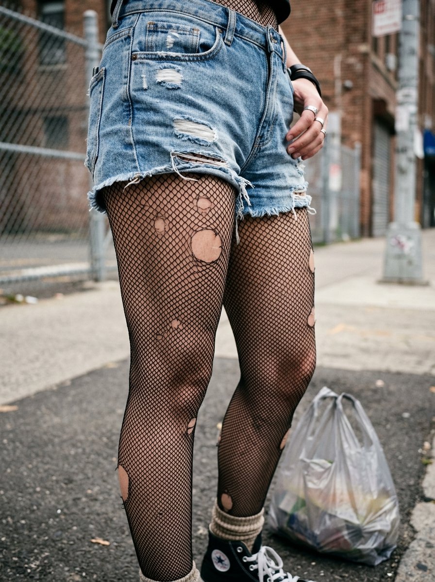 Close-up of legs wearing tattered fishnet tights and frayed blue jean shorts on a city sidewalk.