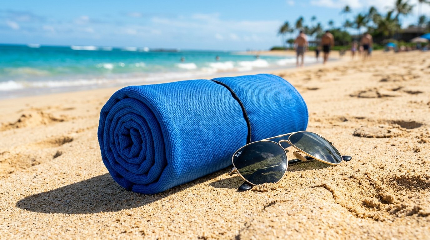 A rolled up blue travel towel and a pair of aviator sunglasses lying on a sunny beach with blurred ocean waves.