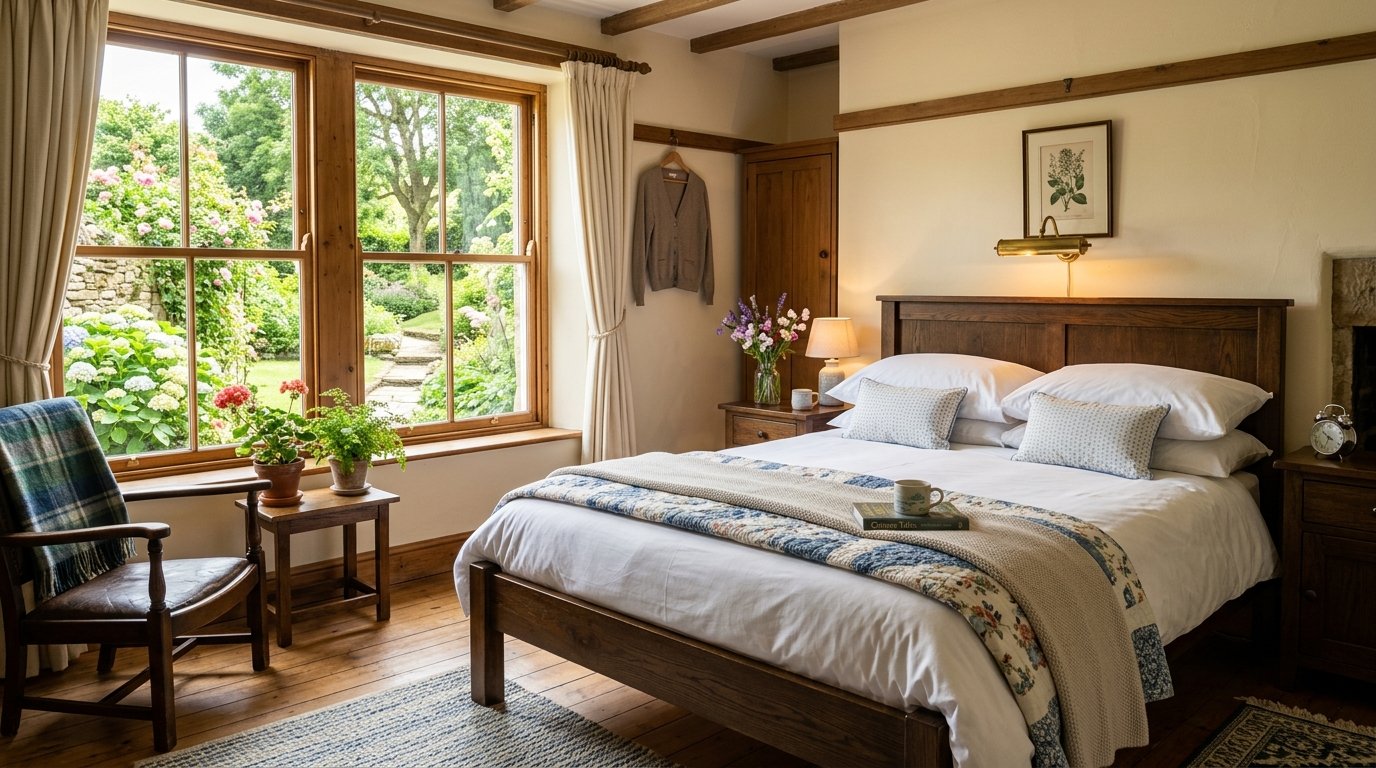 A rustic bedroom featuring a wooden bed, floral accents, and large windows revealing a scenic backyard garden.