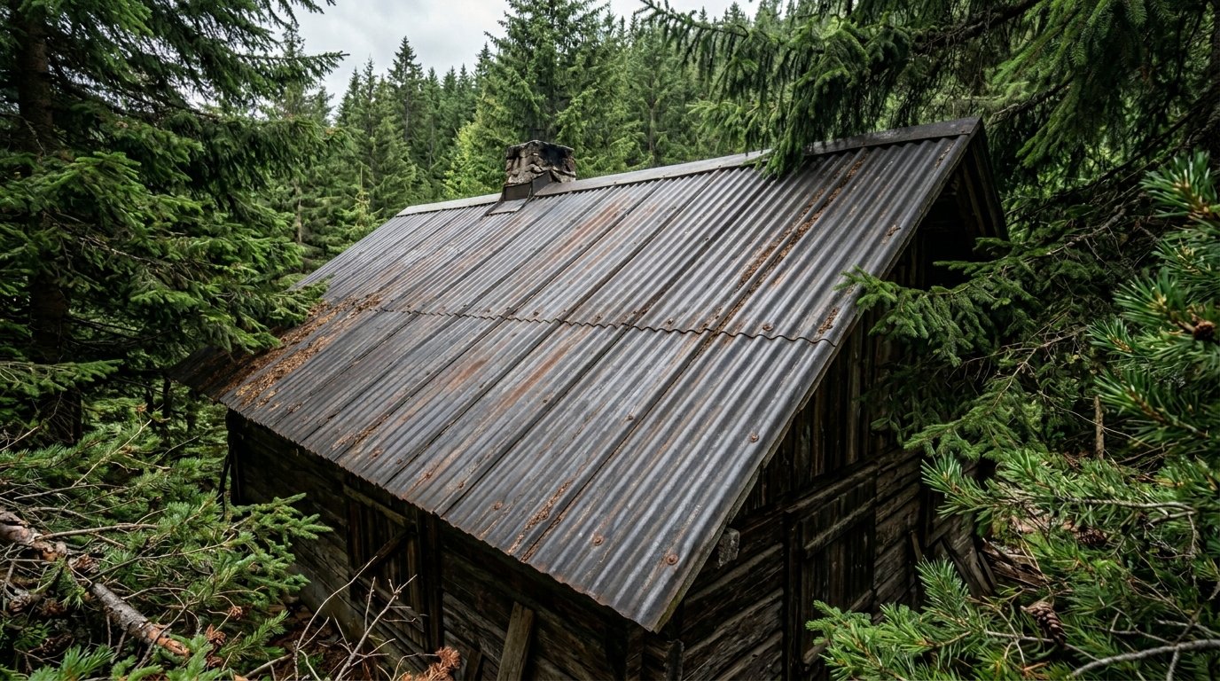 A small, weathered log cabin with a corrugated metal roof tucked between dense evergreen trees.