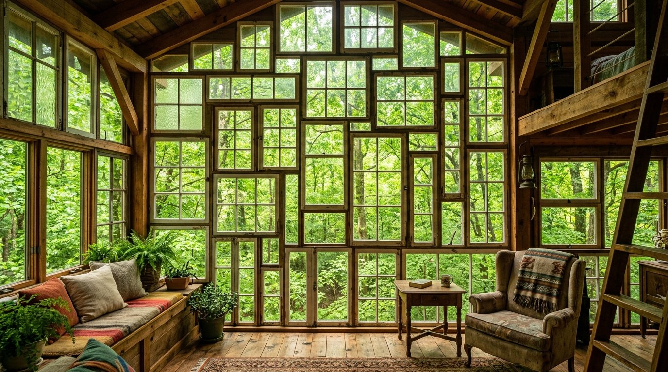 Interior of a wooden cabin featuring a floor-to-ceiling patchwork of mixed-style windows looking out onto green trees.