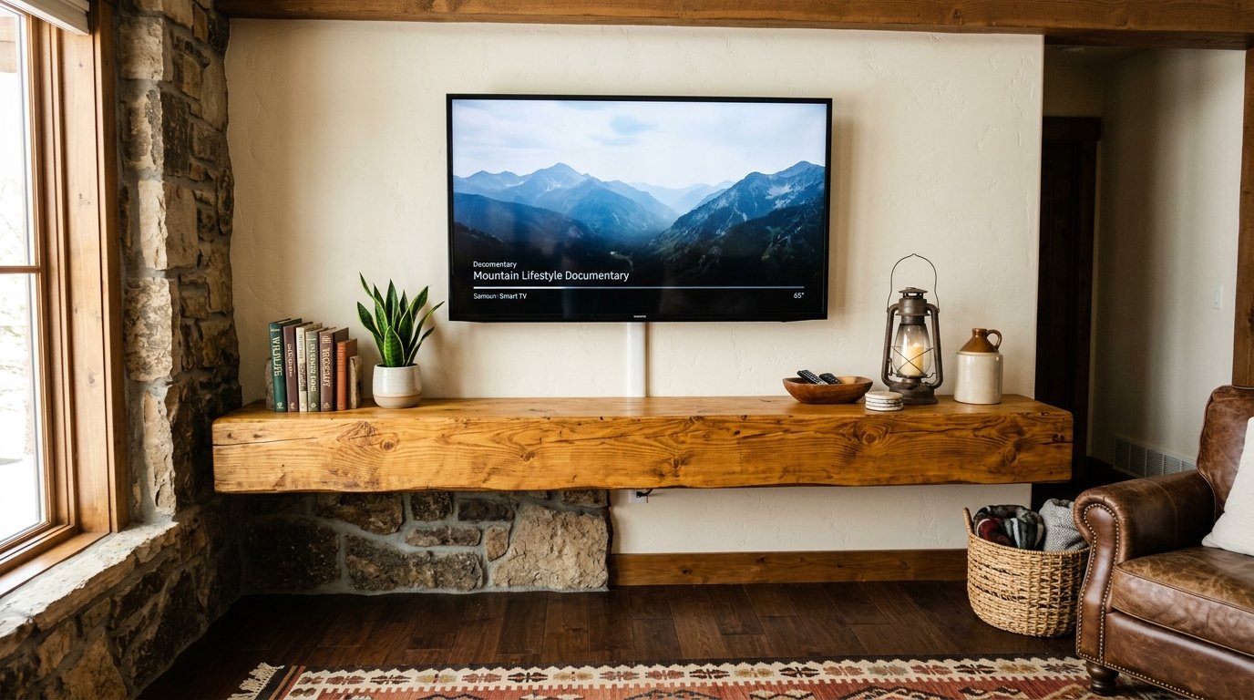 Wall mounted TV playing a mountain documentary above a heavy rustic timber floating shelf in a stone living room.