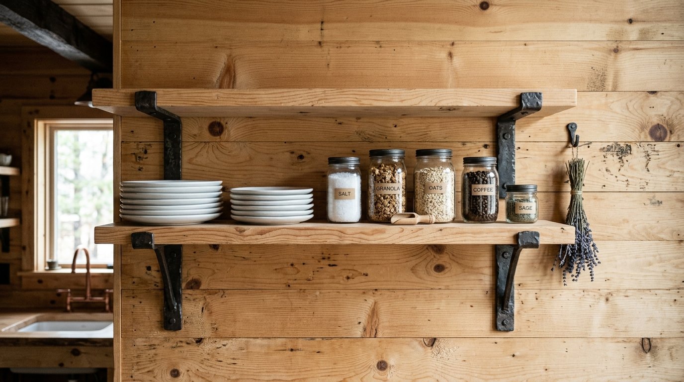 Two timber shelves mounted on a plank wall holding stacks of white plates, labeled jars of ingredients, and dried herbs.