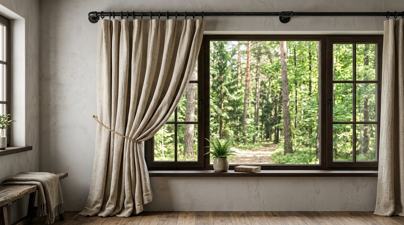 Rustic room with a view of a green forest framed by draped beige fabric curtains and a dark wood window.