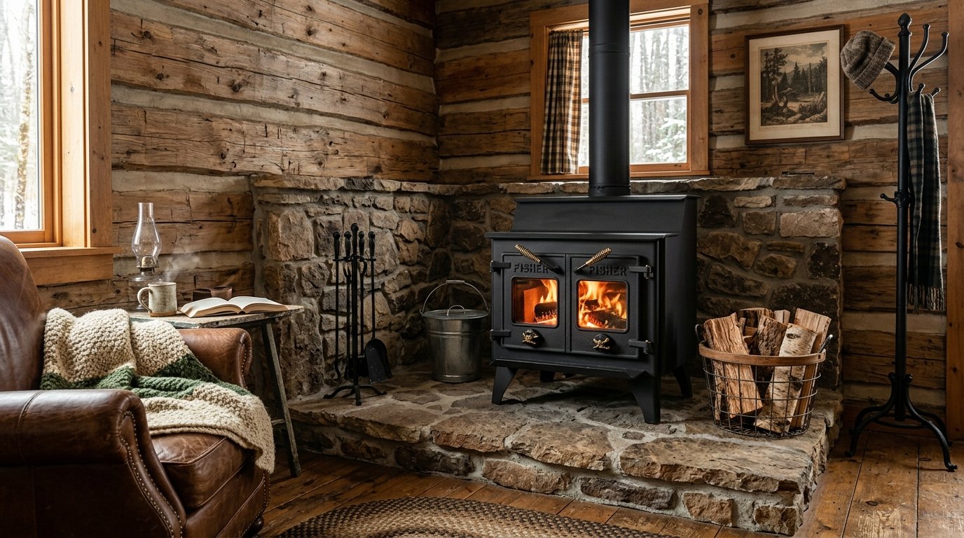 A rustic wood-burning stove sits on a stone hearth inside a log cabin with a leather chair and firewood basket.