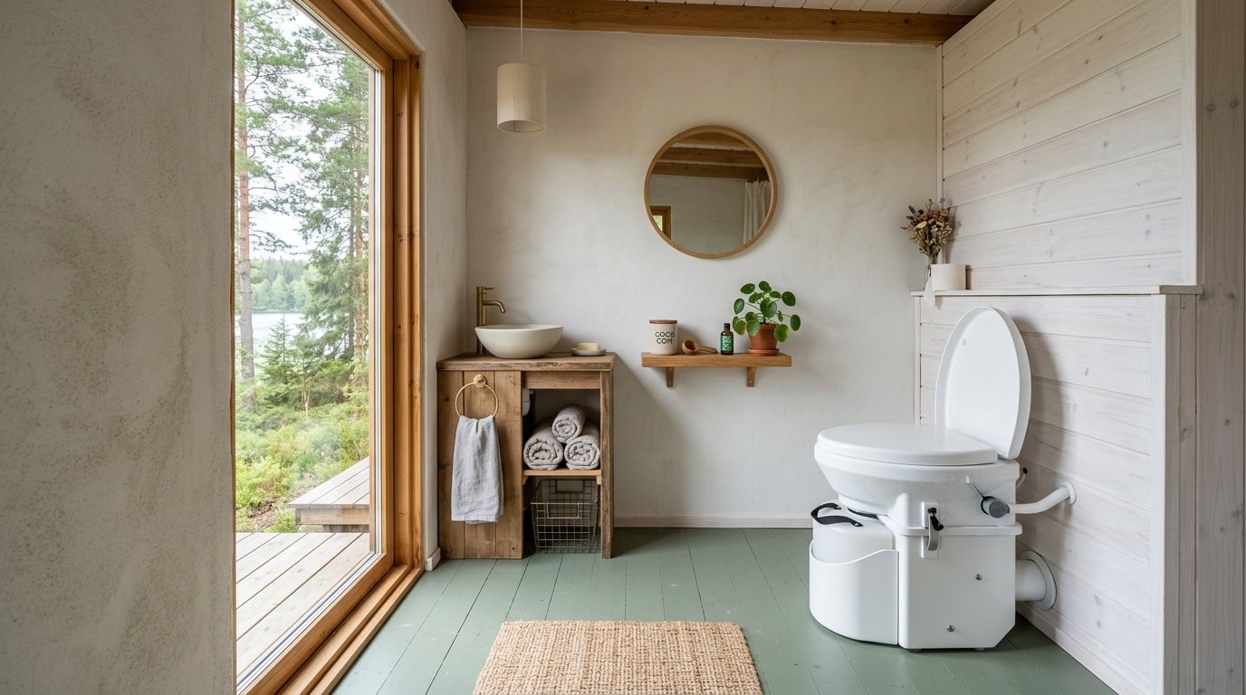 Modern composting toilet in a bright cabin bathroom with wood vanity, round mirror, and large window overlooking trees.