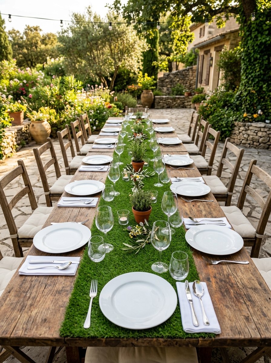 A long wooden dining table set for an outdoor meal with a bright green grass runner and potted herb centerpieces.