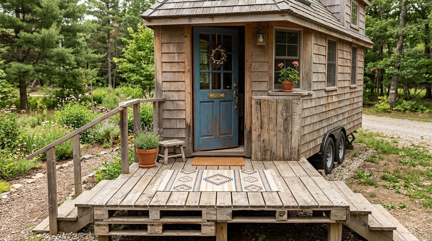 A rustic tiny home on wheels featuring a blue front door and a wooden pallet porch surrounded by greenery.