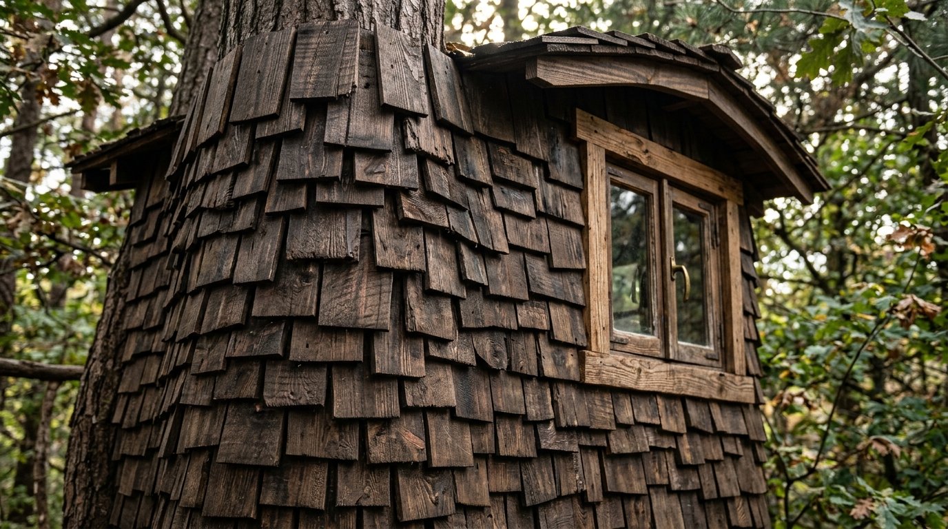 Close up of a wooden treehouse exterior with dark shingled siding and a small paneled window.