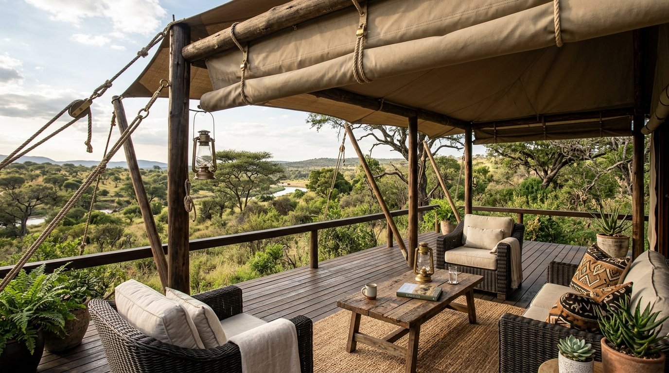 A furnished outdoor wooden deck under a canvas canopy featuring wicker chairs and a view of the African savanna.