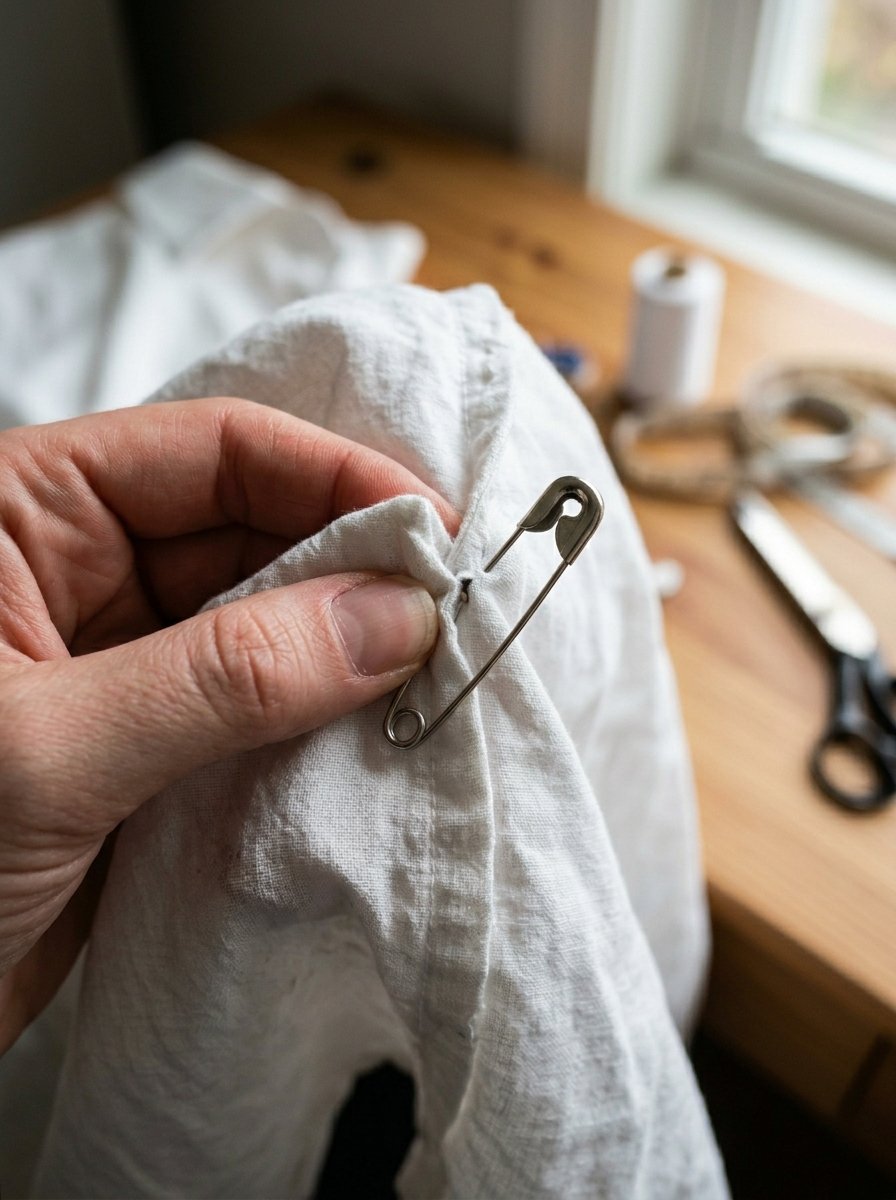 A metal safety pin holding together a piece of white fabric held in a person's hand.