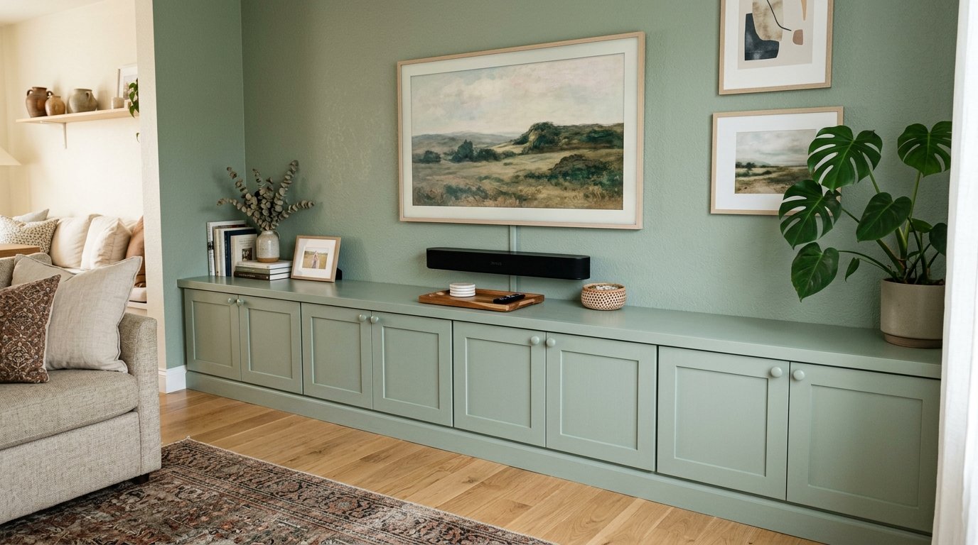 Long sage green wooden storage cabinet with a landscape art piece and monstera plant in a modern living room.