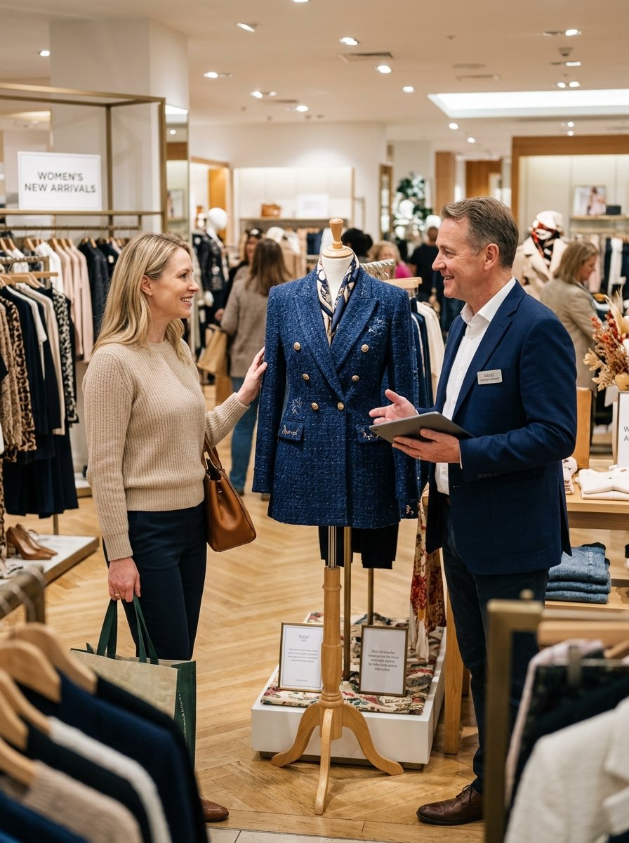 Retail assistant showing a blue tweed blazer to a female customer in a clothing store.