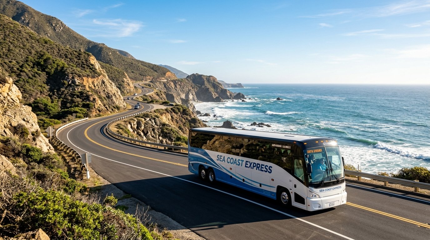 A white tour bus drives on a winding road next to the Pacific Ocean cliffs.