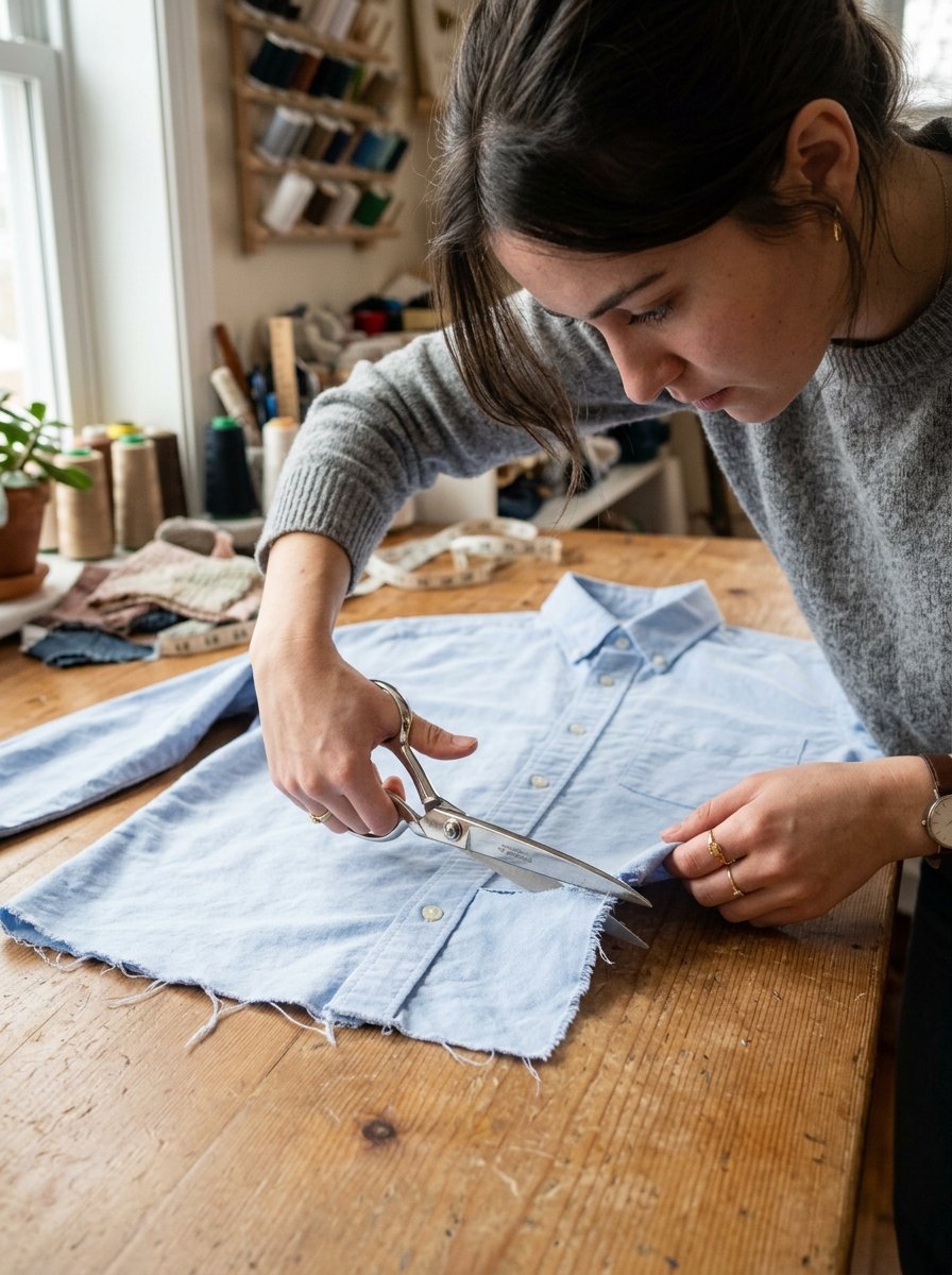 A woman in a grey sweater using sharp fabric shears to trim the hem of a light blue buttoned shirt.