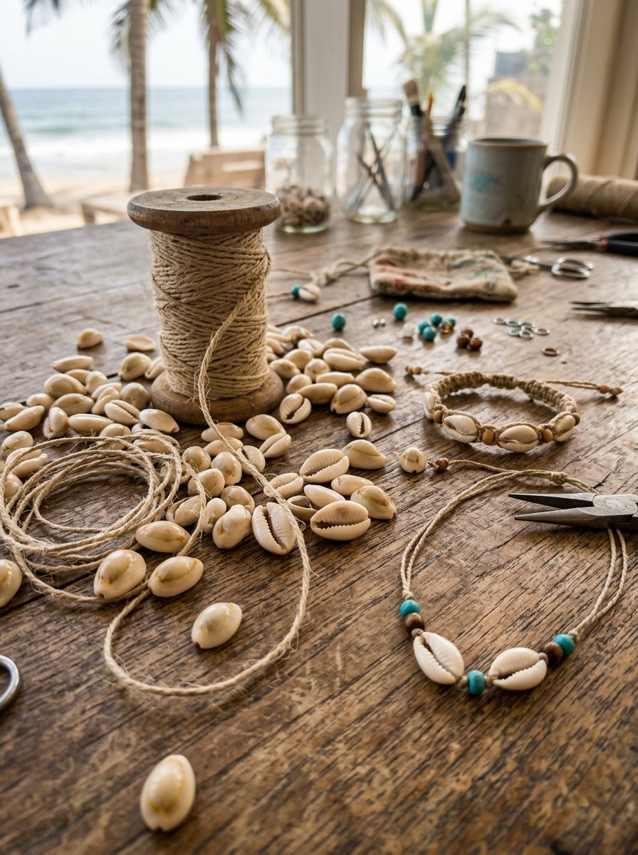Spool of twine surrounded by cowrie shells, turquoise beads, and handmade bracelets on a wooden surface.