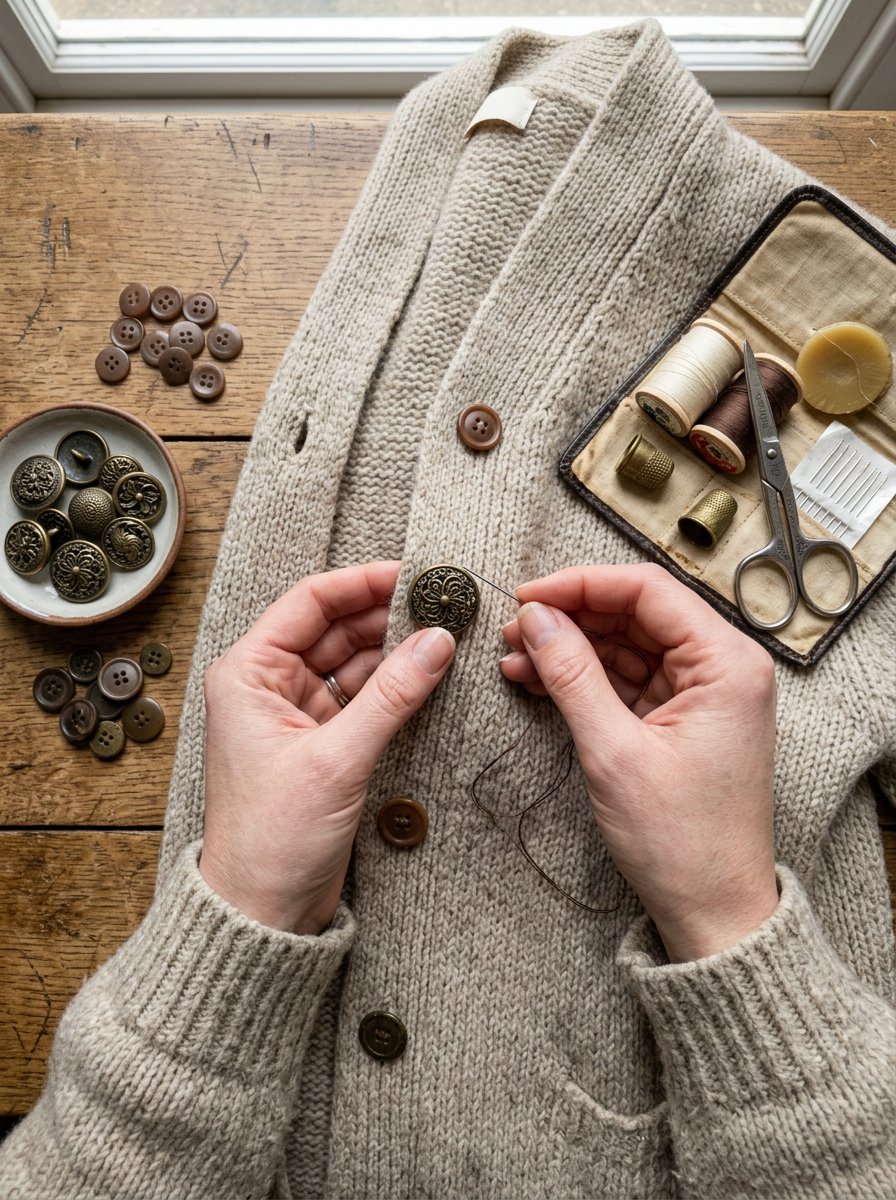 Close-up of hands attaching a metal button to a beige wool cardigan using needle and thread.