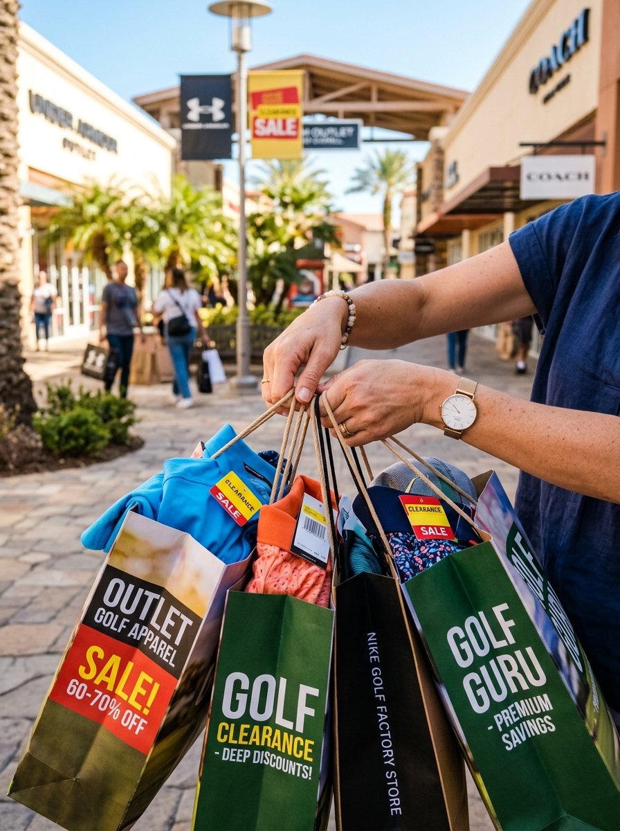 Person holding several branded golf store shopping bags with clearance sale tags in an outdoor shopping center.