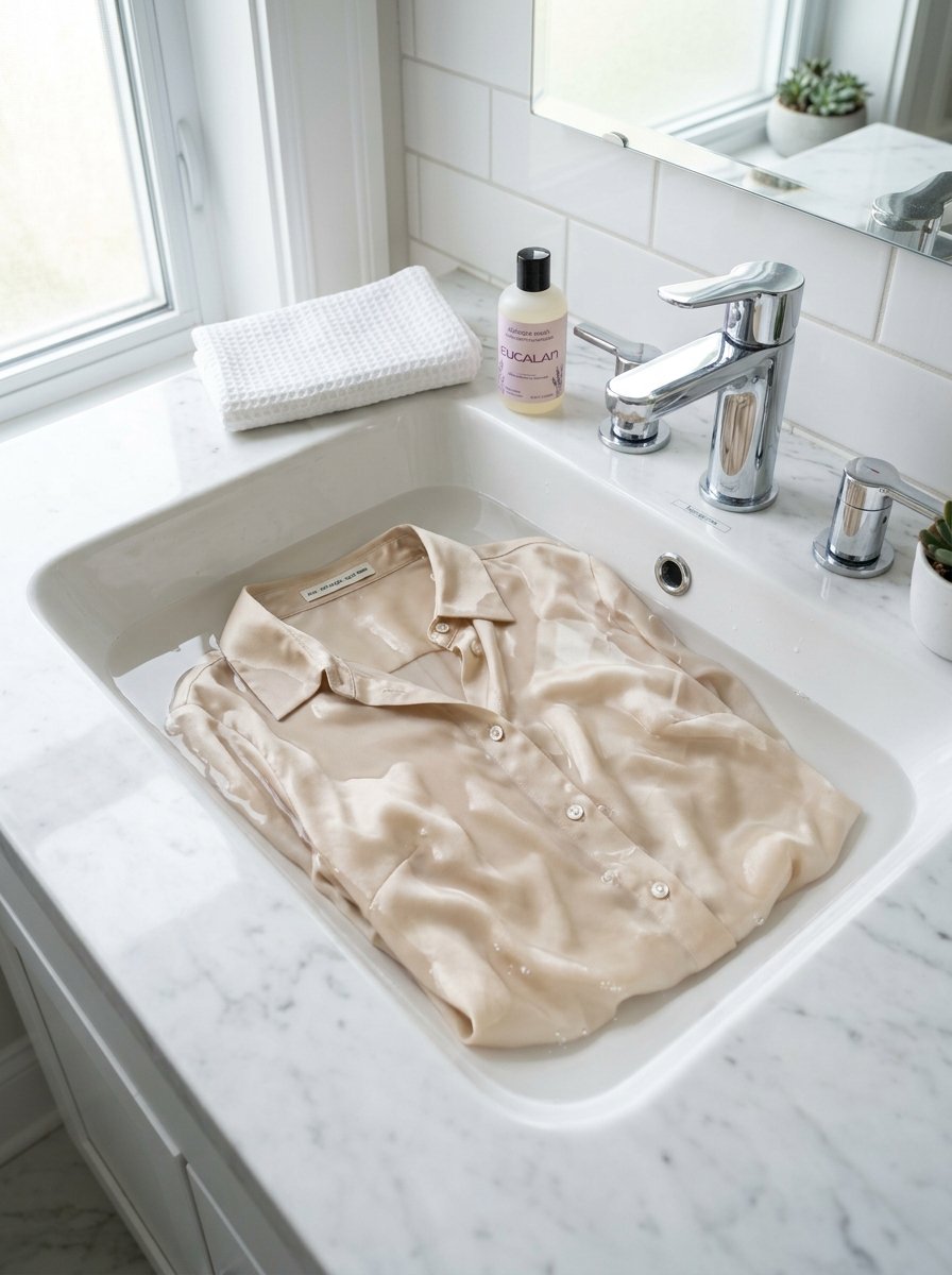A beige silk button-down shirt submerged in soapy water inside a white marble bathroom sink with detergent nearby.