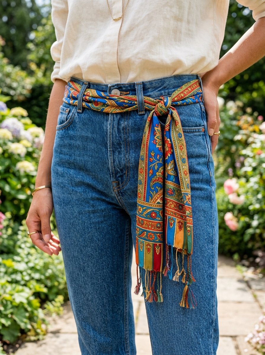 Close up of a person wearing a bright paisley scarf knotted through their blue jean belt loops.