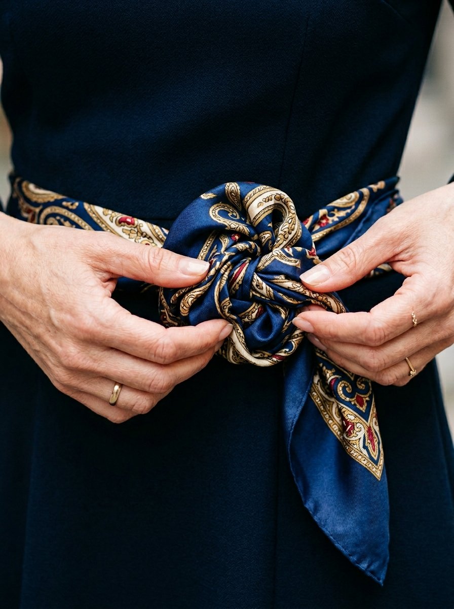Close-up of hands adjusting a blue and gold patterned silk scarf tied into a knot on a dark blue dress.