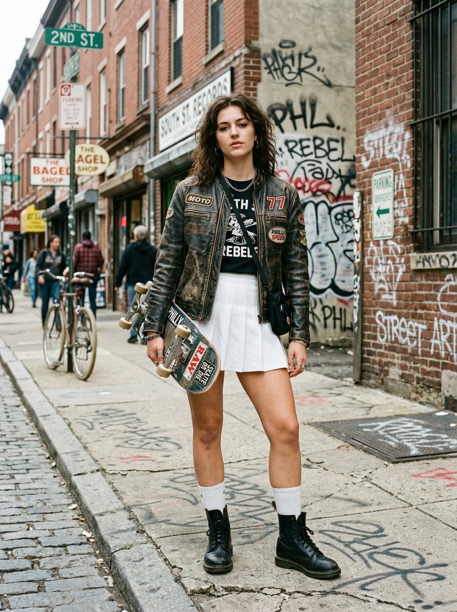 A woman in a leather jacket and white skirt stands on a city sidewalk holding a skateboard.