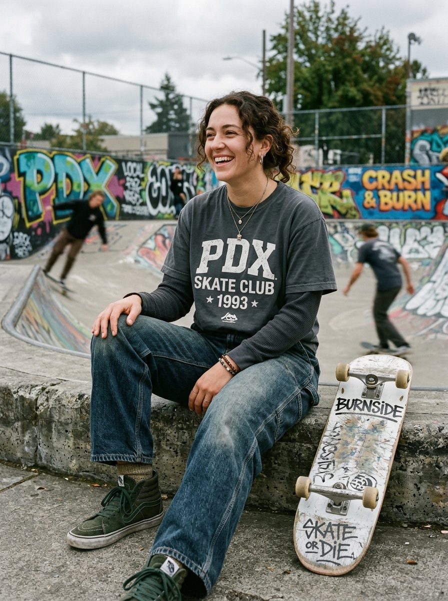 A smiling woman with curly hair sits on a ledge at a graffiti-covered skatepark next to her skateboard.