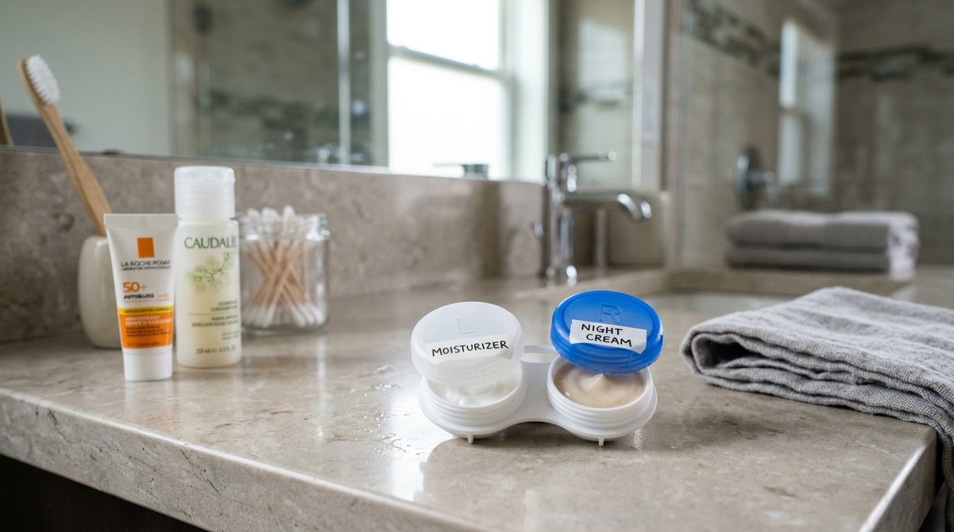 A white contact lens case with labeled lids holding moisturizer and night cream on a stone bathroom countertop.