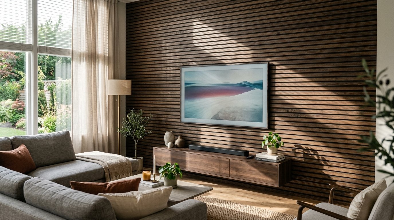 A cozy living room with a brown wood paneled wall, mounted television, and contemporary grey sectional sofa.