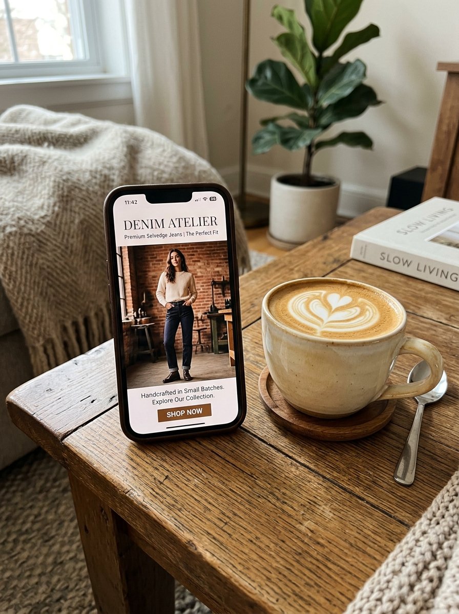 A mobile phone showing an online clothing store sits on a wooden table beside a ceramic cup of latte art coffee.