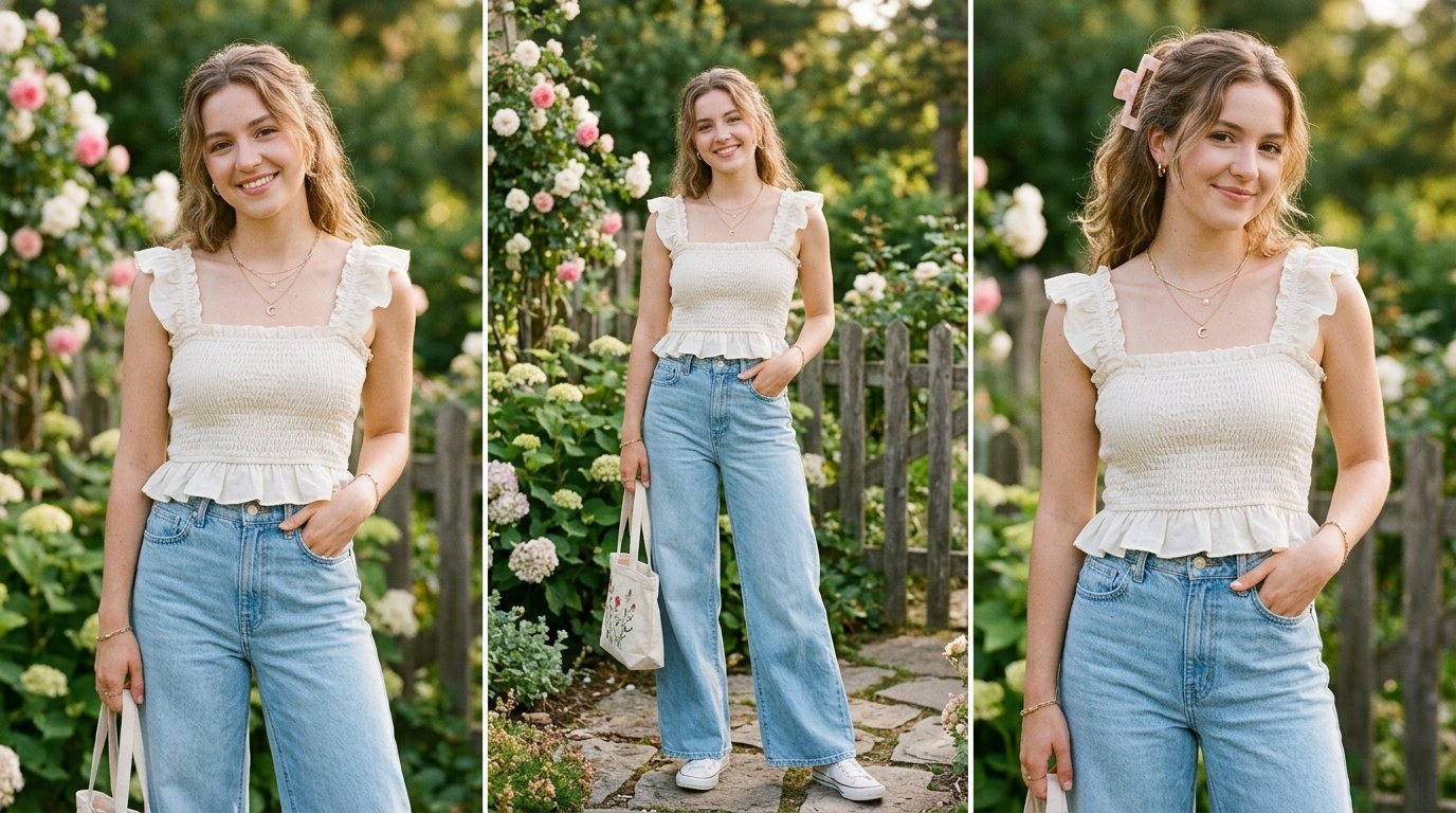 Portrait of a smiling girl wearing a smocked white tank top and light wash denim jeans in a rose garden.