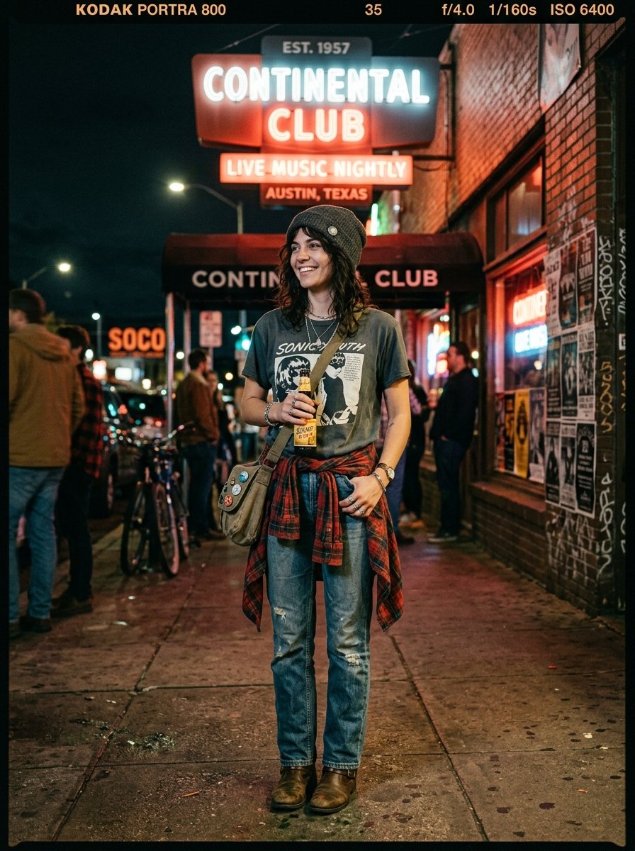 A person in a beanie and Sonic Youth t-shirt standing on an Austin sidewalk by a neon music venue sign.