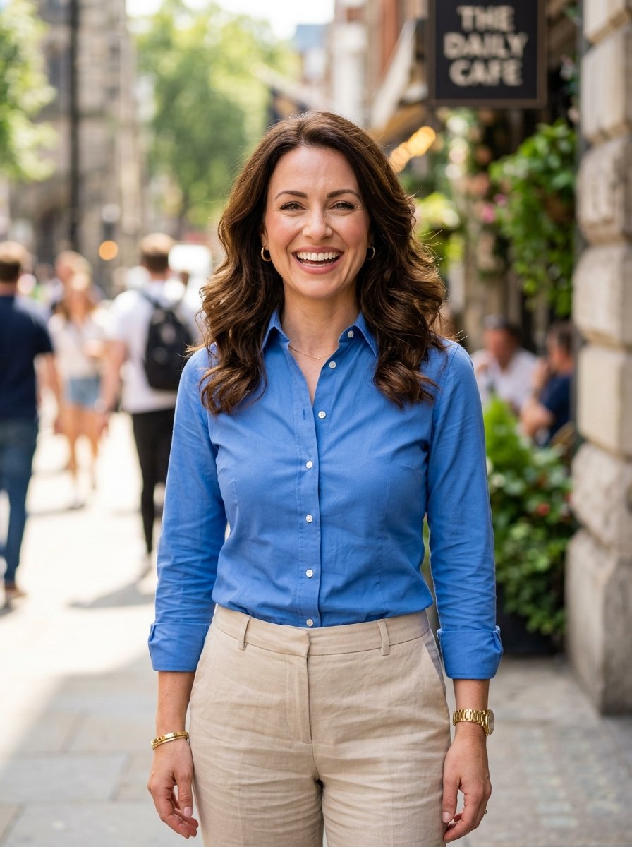 Portrait of a cheerful woman with long brown hair smiling on a busy city sidewalk near a cafe.