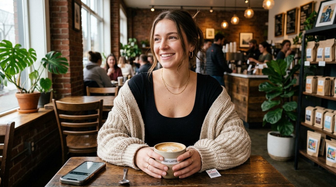 A smiling young woman in a beige cardigan holds a coffee mug labeled Oat Latte at a wooden table in a coffee shop.