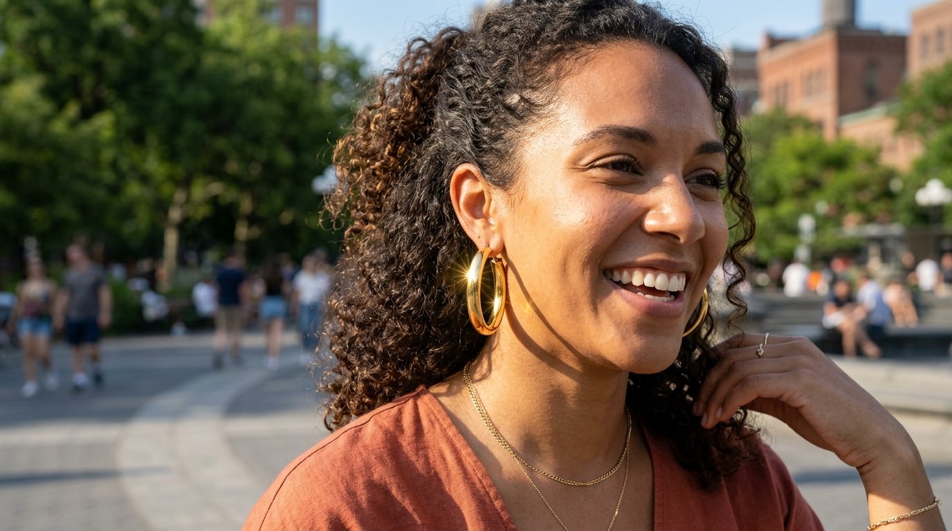 Close-up of a smiling woman with curly hair wearing large polished gold hoop earrings and layered necklaces.