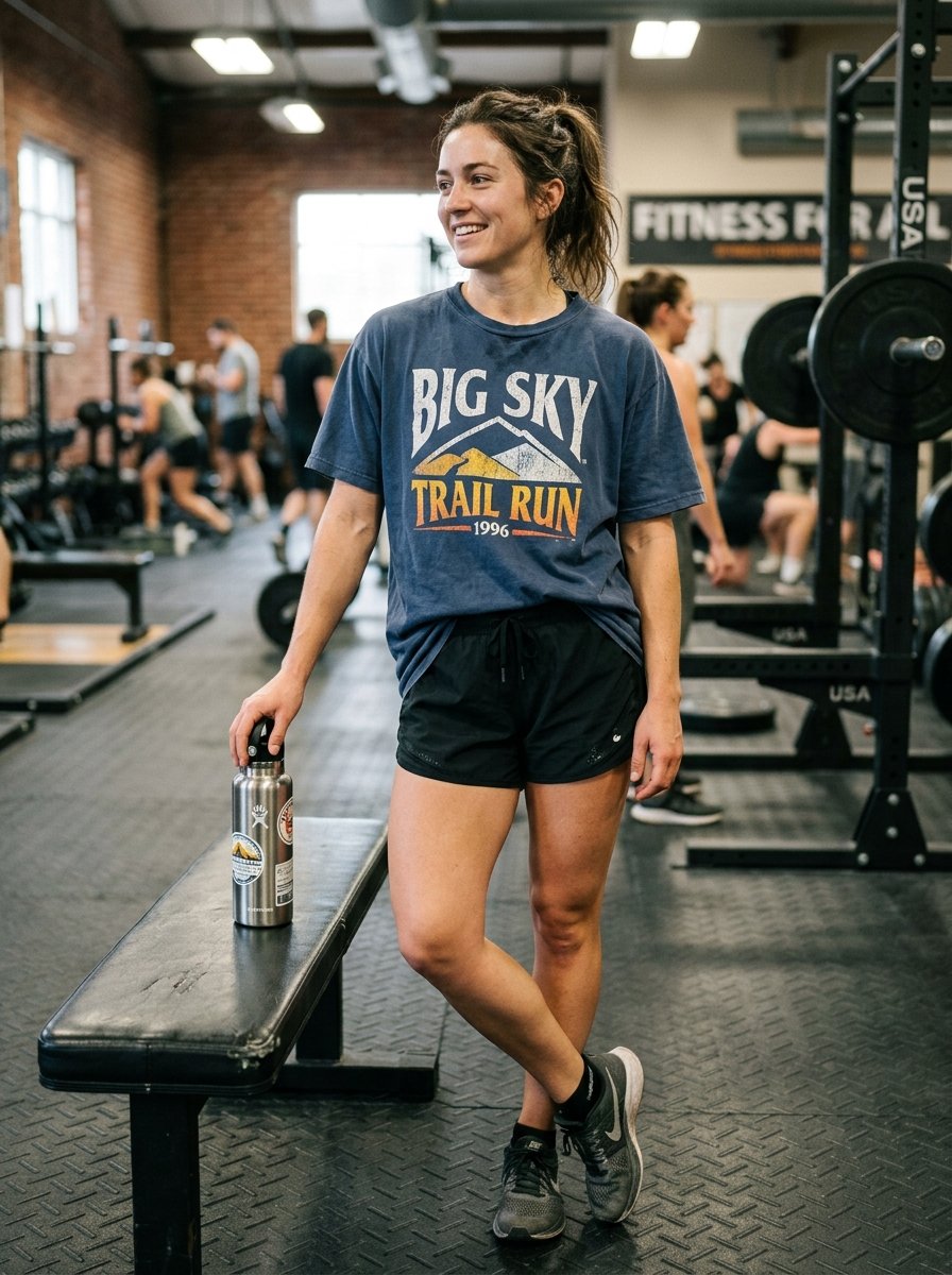 A woman in a Big Sky Trail Run t-shirt standing by a gym bench holding a metal water bottle.