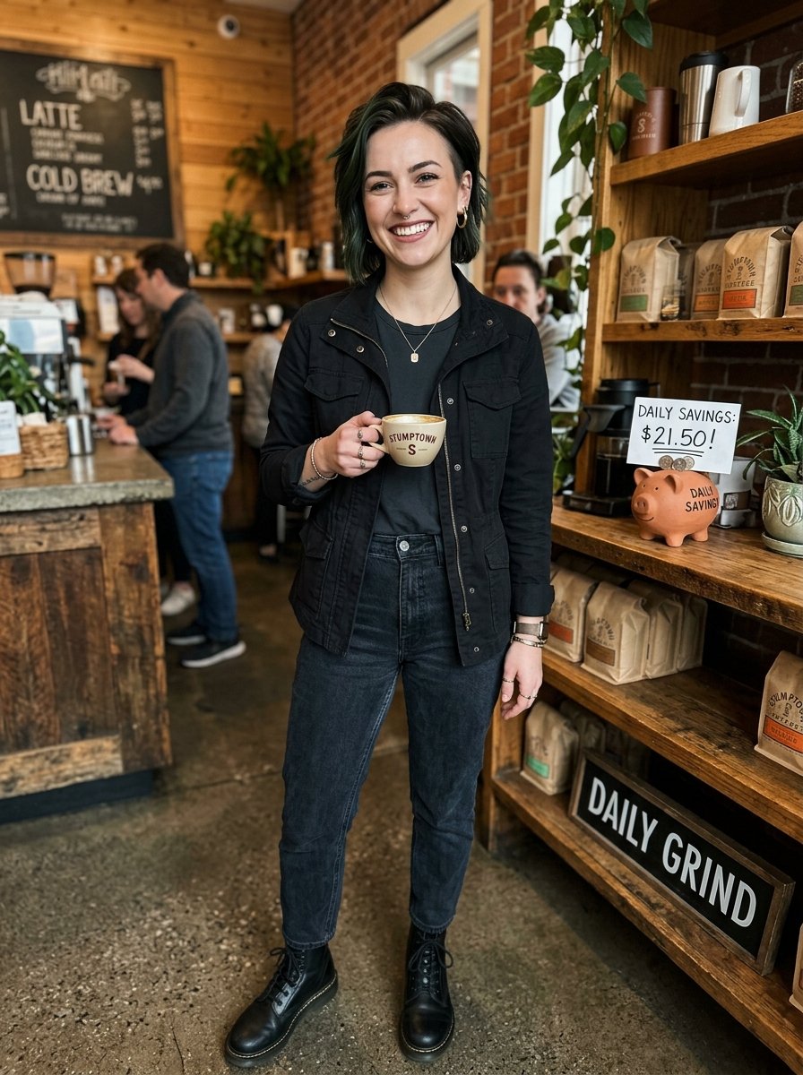 Short-haired woman in a black jacket smiling while standing in a rustic coffee shop with merchandise shelves.
