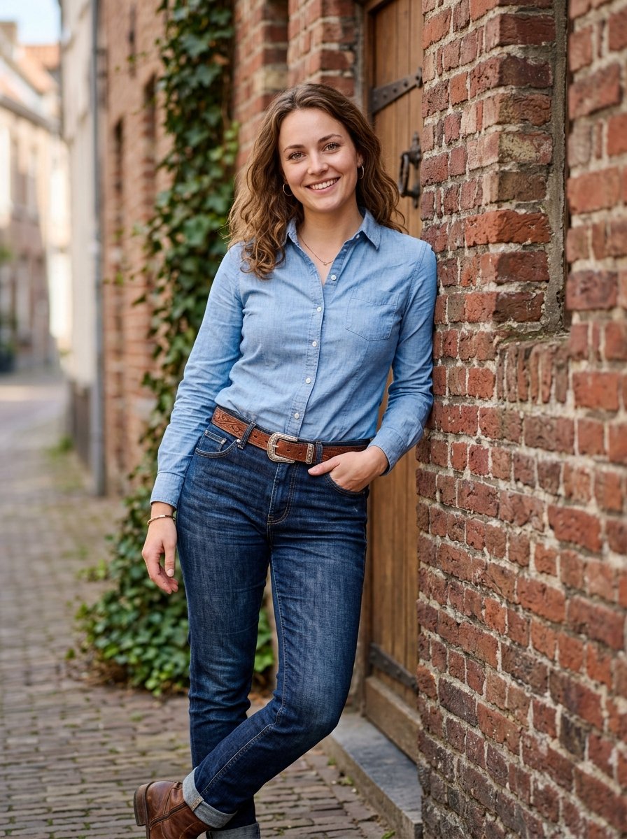 A friendly young woman in a blue shirt and jeans leans against a textured brick building in an alleyway.
