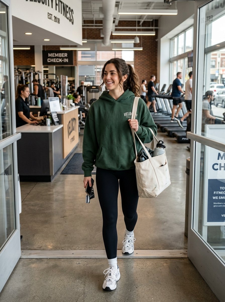 Young woman wearing dark green Velocity Fitness hoodie and black leggings exiting a gym facility holding a tote bag.