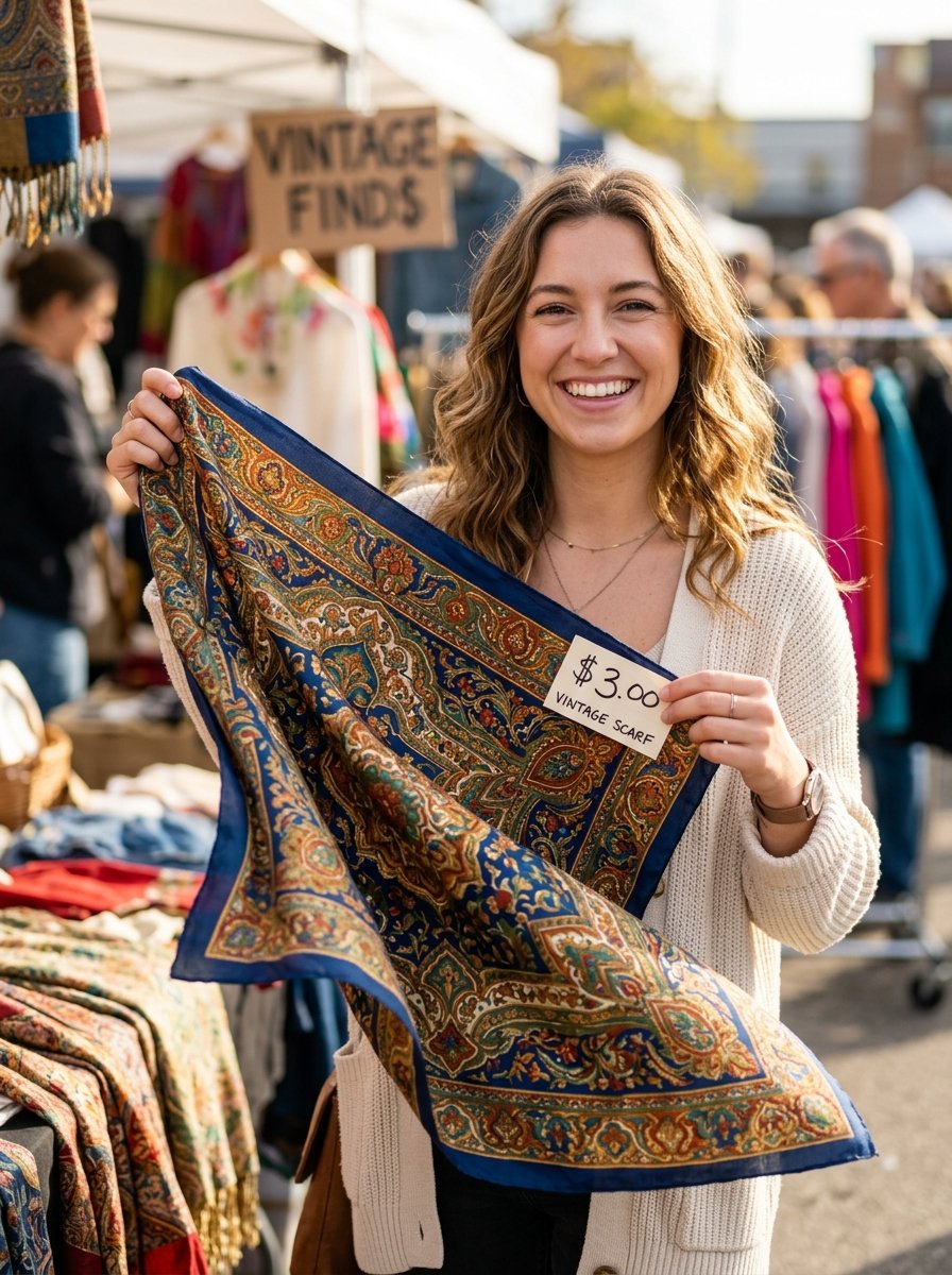 Young woman smiling while holding up a paisley printed scarf with a three dollar price tag at an outdoor market.