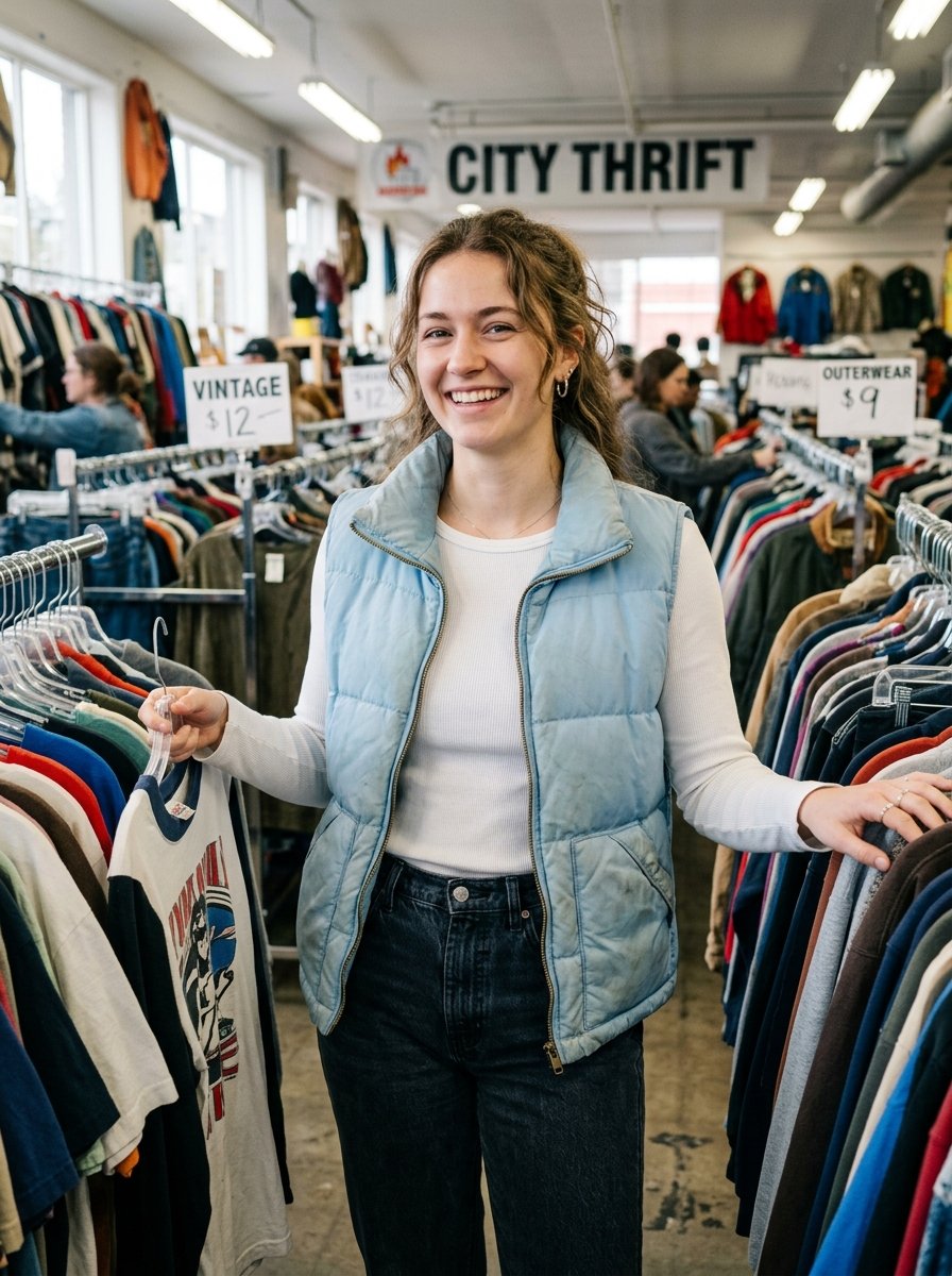 Young woman in a light blue puffer vest holding a vintage t-shirt while shopping at a thrift shop.