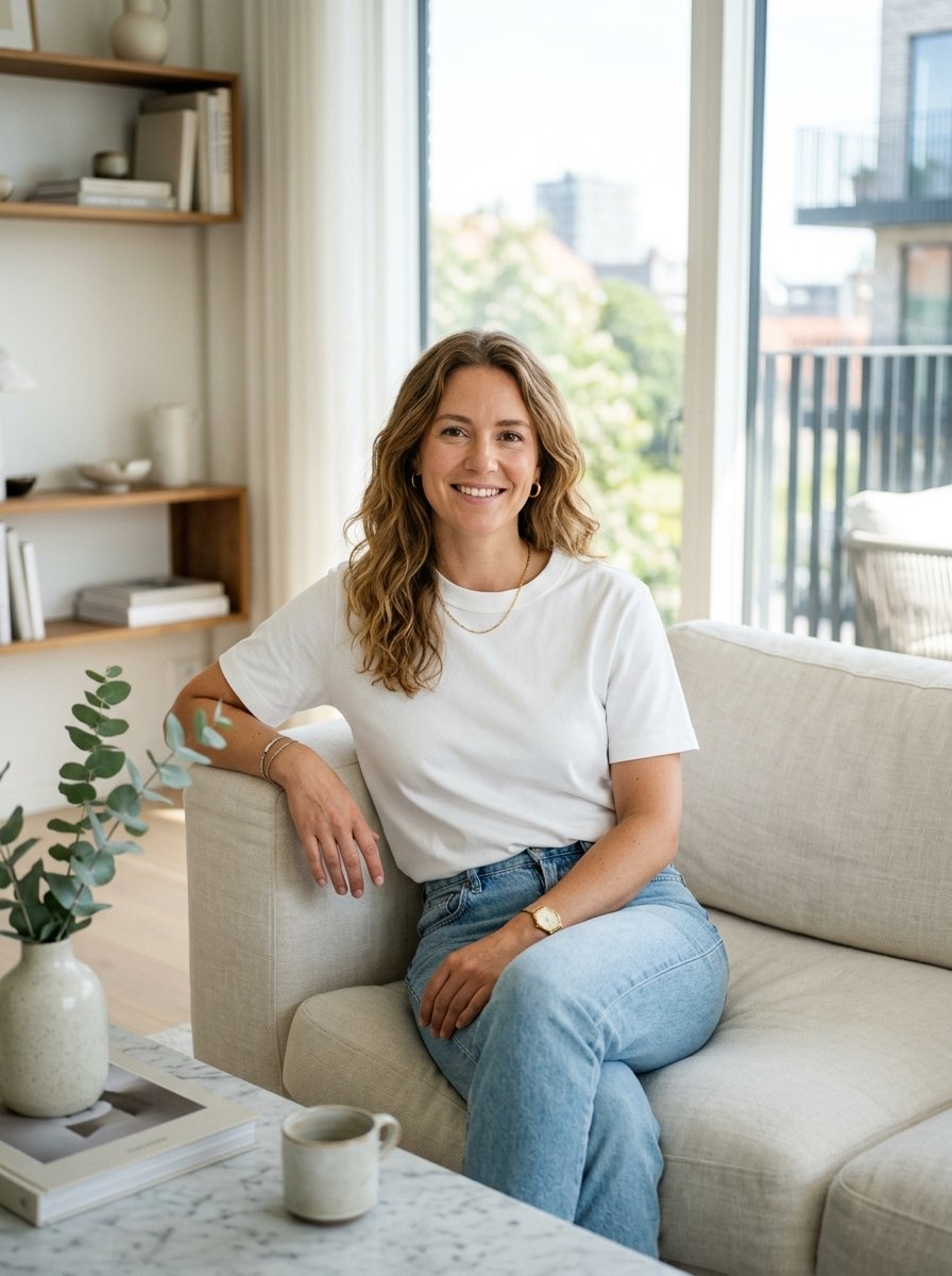 Young woman in a white t-shirt and light blue jeans posing on a couch in a bright, modern living room.